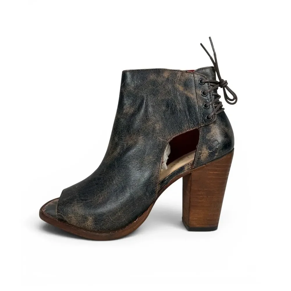 Bed Stu Angelique Peep Toe Bootie Heel Womens 9 Black Lux Distressed Leather